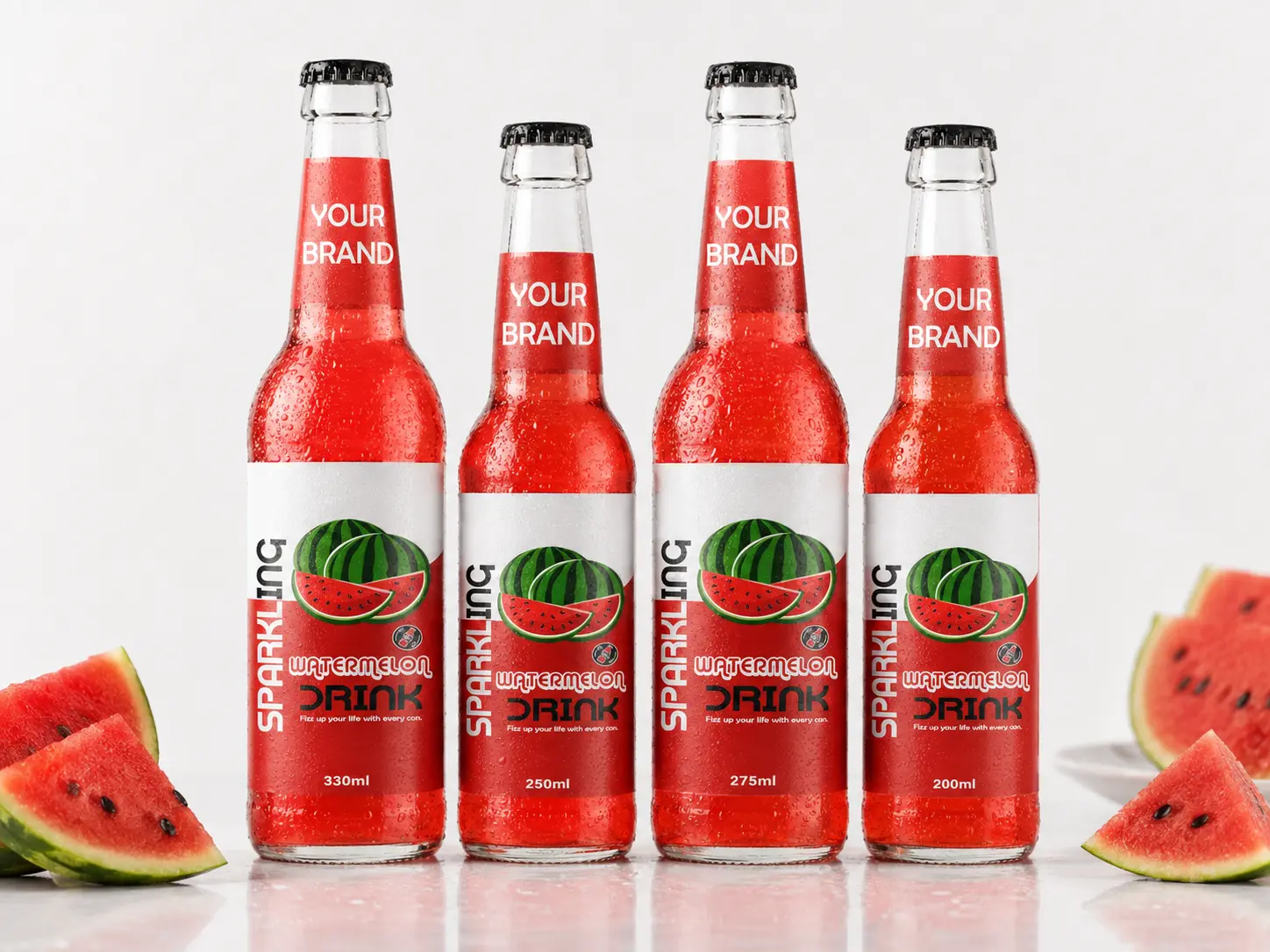 SPARKLING DRINK Watermelon Flavored Drink in 330ml, 250ml, 275ml, and 200ml glass bottles.